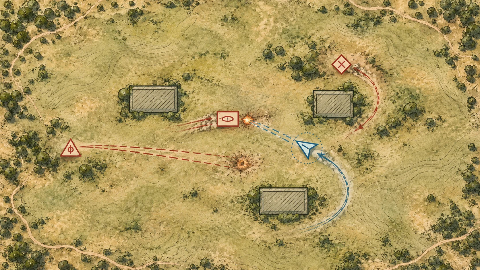 The blue player dodges fire from a red vanguard, flanker and ranger on an illustrated tactical map